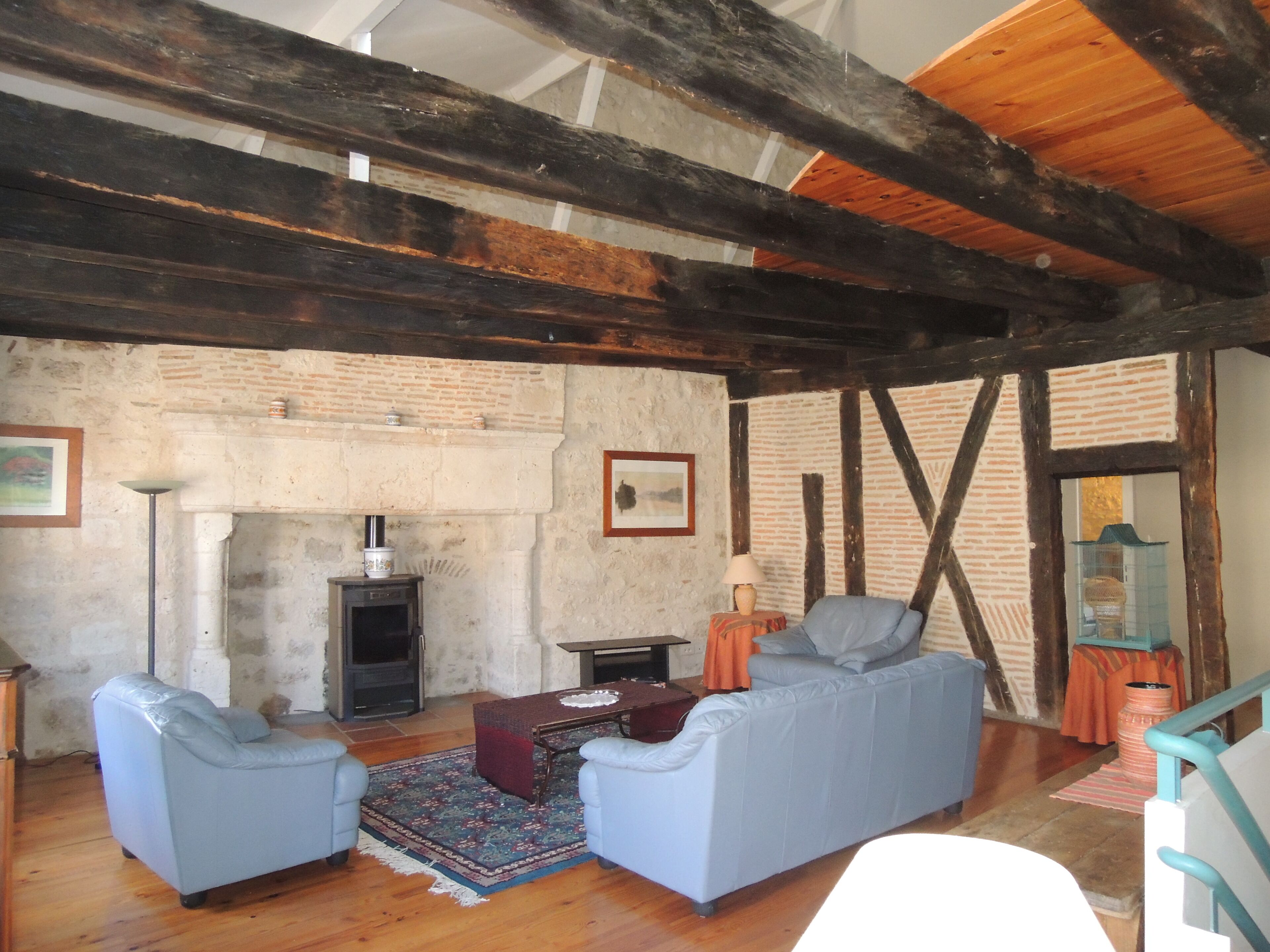 Chimenea, reproductor de DVD, mesa de ping pong, libros