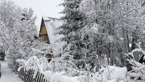 Un paysage enneigé avec une clôture en bois, des arbres et un bâtiment doté d’un toit en pente.