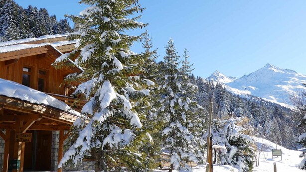 Una cabaña de madera con techo nevado, rodeada de árboles cargados de nieve y una montaña al fondo.