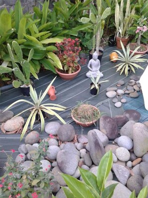 Stroll through a serene garden oasis, surrounded by lush greenery and a tranquil Buddha statue.
