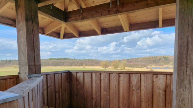 A wooden deck with a bench, a wooden railing, and a view of a grassy field and trees. - Vacation apartment on the Amazon of the North - Holiday apartment (Demmin)