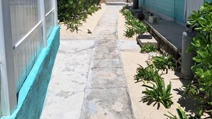 A narrow pathway leading to a beach, flanked by turquoise buildings with windows and doors, and a clear view of the ocean.