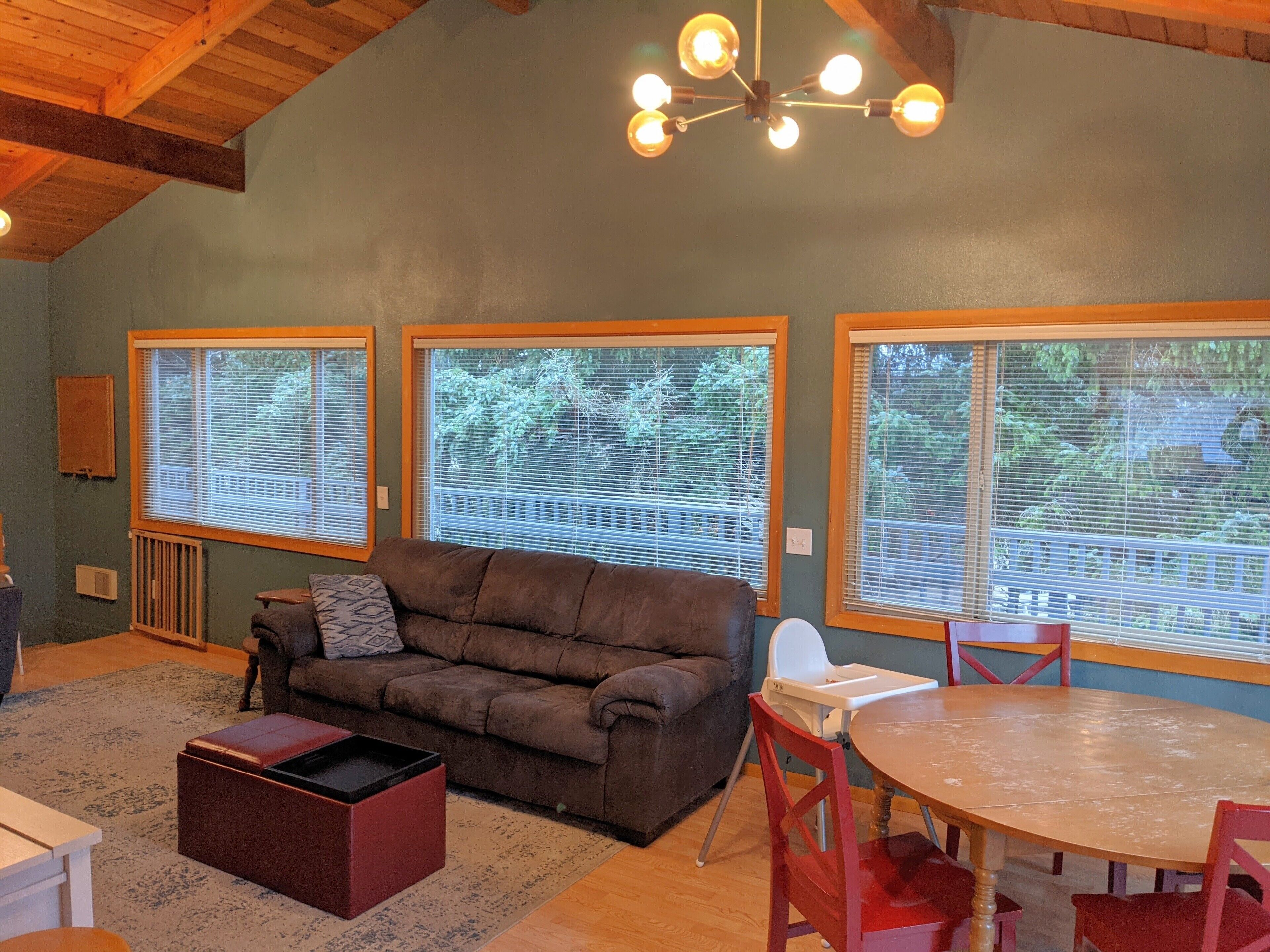 Living/Dining room with mature trees in back yard for privacy