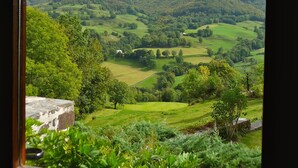 A view of a green valley with hills and a distant mountain through a window. - 4* TYPICAL HOUSE IN BARRIADE 4 pers (Mandailles)