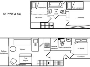 A hotel floor plan with two bedrooms, a bathroom, a kitchen, a dining area, and a balcony.