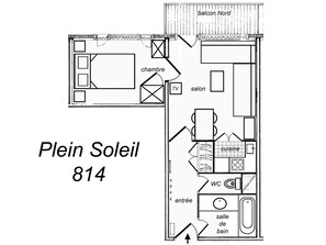 A floor plan of a maison named Plein Soleil 814, featuring a salon, chambre, cuisine, WC, and salle de bain.