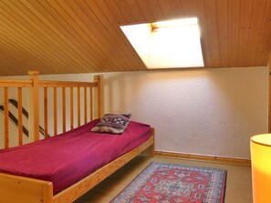 A small, single-bed room with a sloped ceiling and a skylight. - Quiet duplex, bright living room with fireplace for 8 people (Méribel)