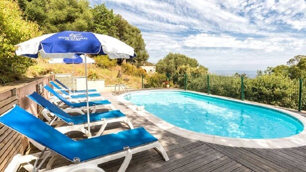 A swimming pool with blue lounge chairs and a blue umbrella, surrounded by greenery and a wooden deck.