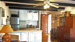 Cucina dotata di forno a incasso, frigorifero e lavello. Sopra la cucina è presente un ventilatore a soffitto.