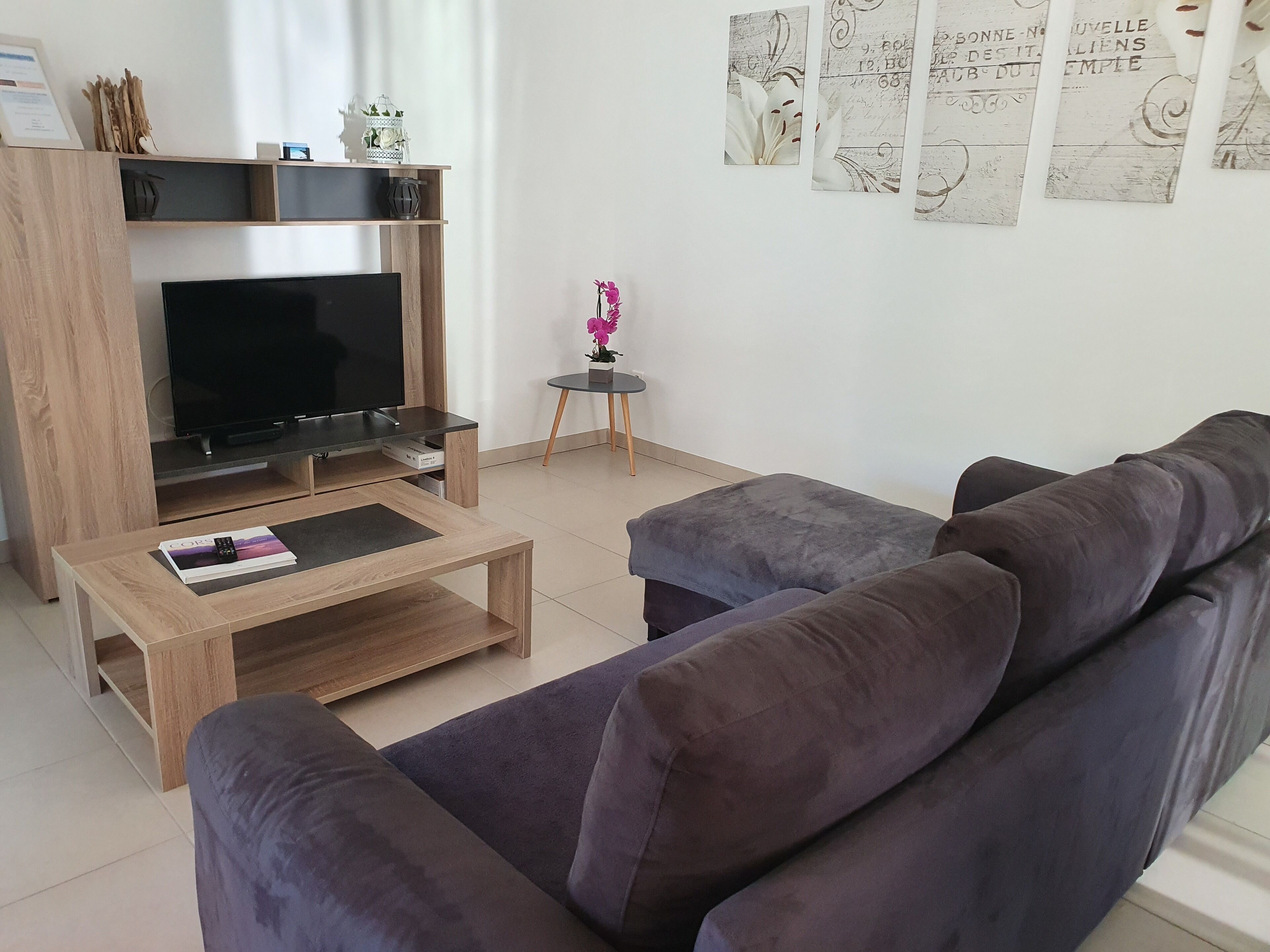 Una sala de estar con televisor de pantalla plana, mesa de centro de madera y dos sofás oscuros.