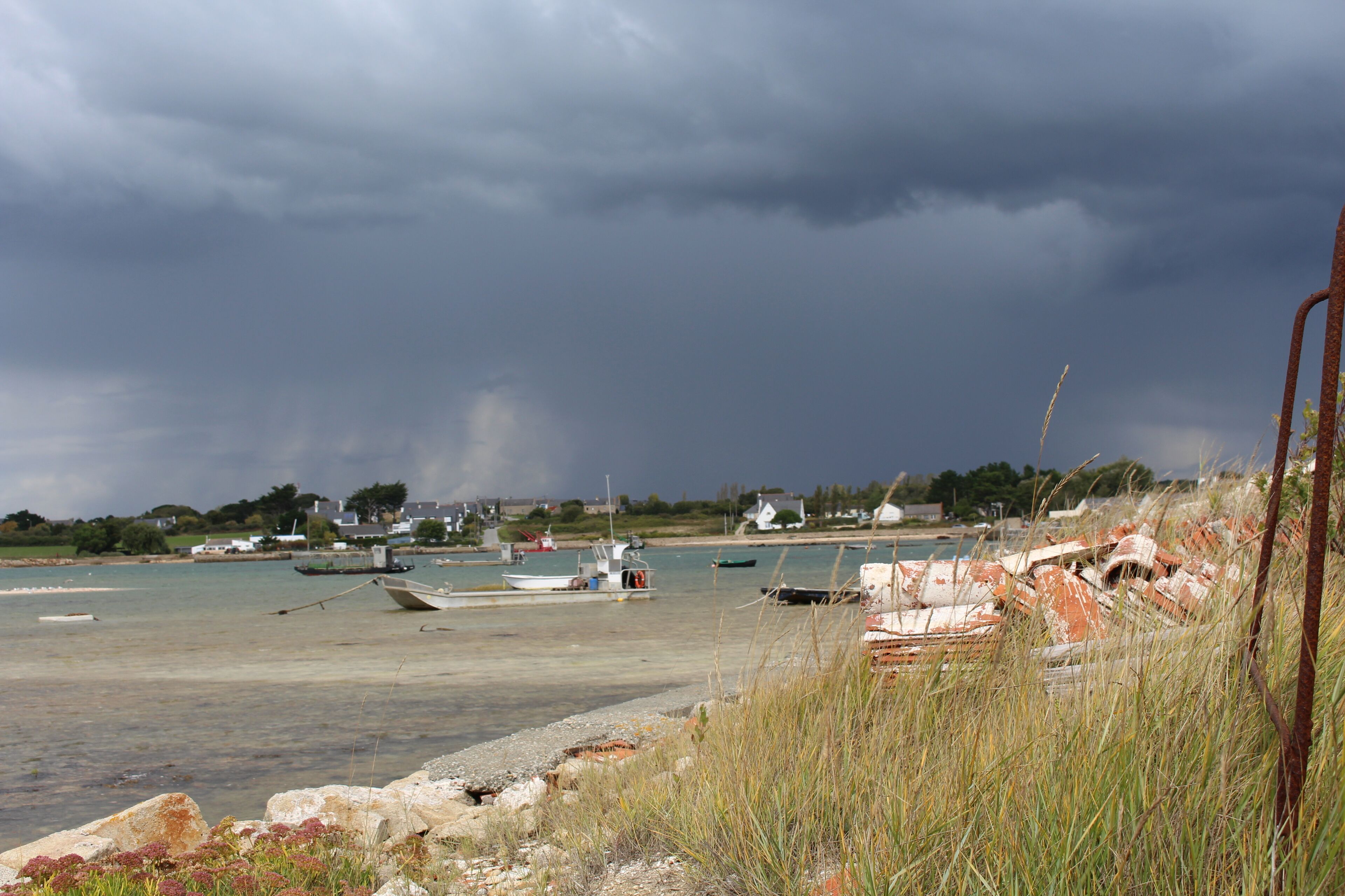 A coastal scene with boats, a grassy area, and a stormy sky.