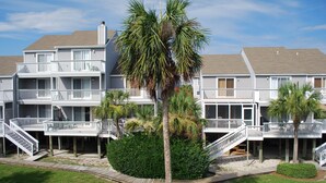 Un hotel de varios pisos con balcones, una palmera y una terraza de madera.