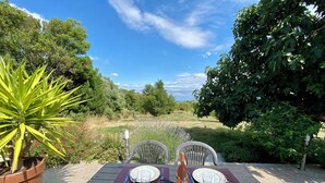A wooden table set for four with plates, cutlery, and a bottle of wine, surrounded by greenery and trees. - Quiet cottage + pool, for 3 pers. (Lézignan-Corbières)