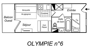 A hotel layout with a balcony, a sitting area, a kitchen, a bathroom, and a dining area.