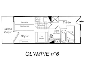 A hotel layout with a balcony, a sitting area, a kitchen, a bathroom, and a dining area.