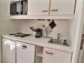 A compact kitchen with a dishwasher, stove, and a microwave above the counter.