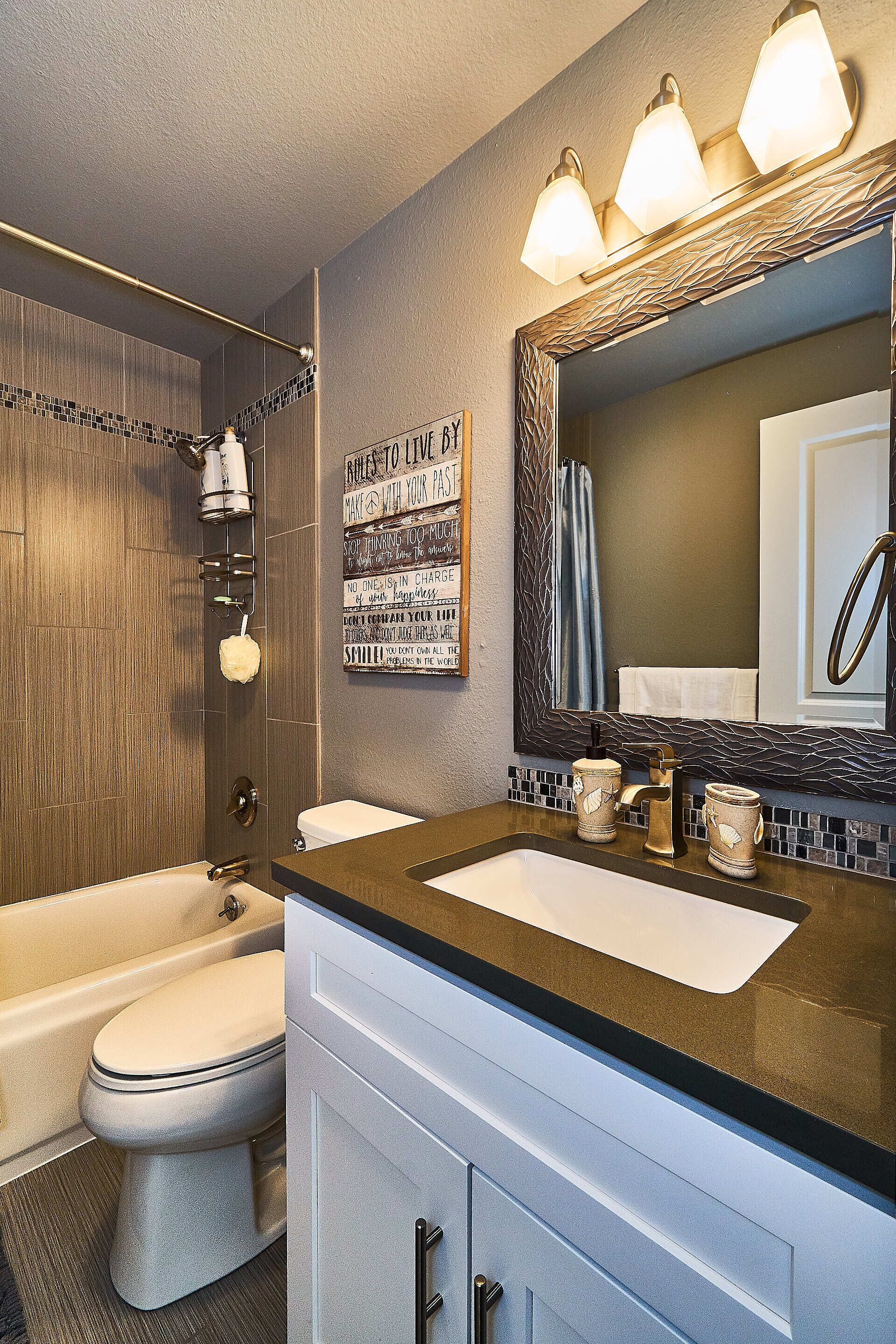 Hair dryer, towels, soap, shampoo