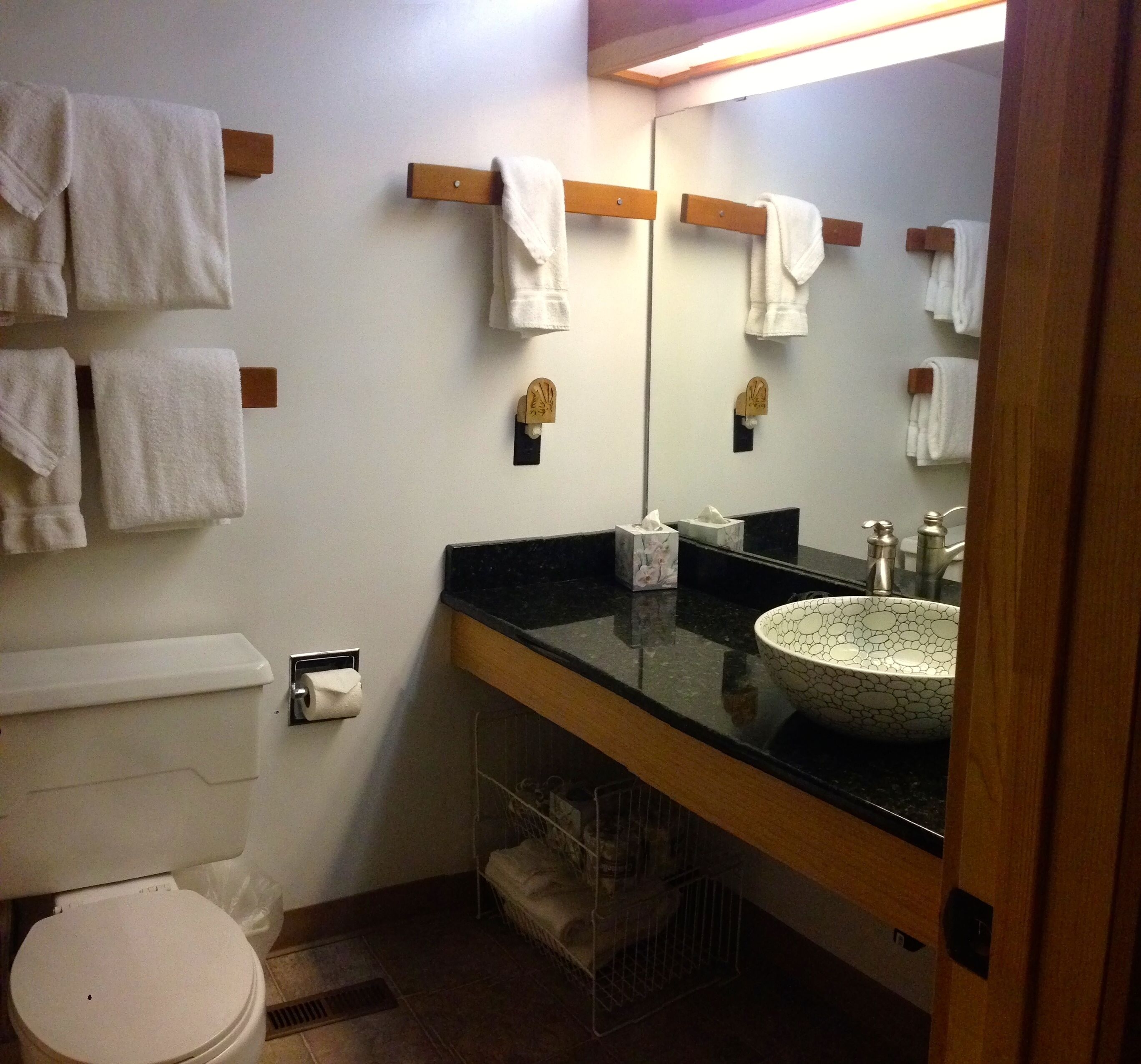 Une salle de bain avec des toilettes, un lavabo et un miroir. Des serviettes sont suspendues sur un porte-serviettes et il y a une poubelle.