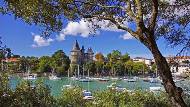 Un castillo histórico con una torre, rodeado por una marina con varios veleros.