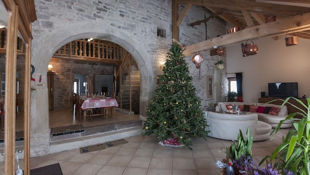 A spacious living area with a large Christmas tree, a dining area with tables set for a meal, and a cozy seating area with a sofa. - DETACHED HOUSE for 11 people, accessible to people with limited mobility. (Xertigny)
