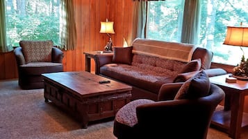 Smart TV, fireplace, DVD player, books