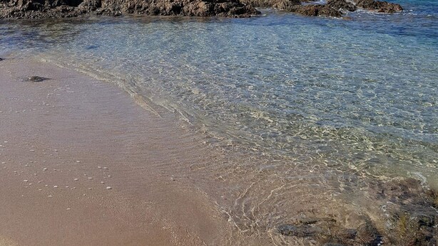 A beach with clear shallow waters, rocky shoreline, and distant hills. - House 4 km from Cargese. (Cargèse)