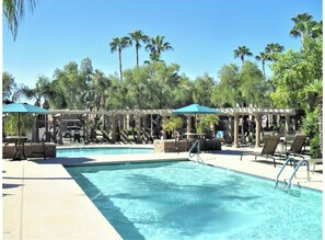 A swimming pool with lounge chairs and umbrellas, surrounded by palm trees.