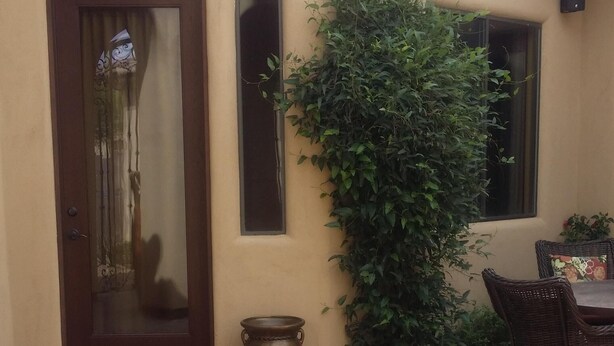 A building with a beige exterior, a brown door, and a window with a decorative glass panel. There is a large bush next to the building, a wicker table with chairs, and a decorative pot on the ground. - Vacation Rental Available (Scottsdale)