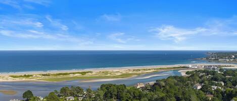 Un quartier résidentiel situé sur la côte, avec des maisons, une plage et une vue sur l’océan.