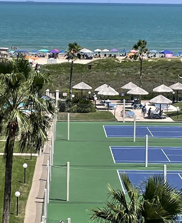 A tennis court area with multiple courts, palm trees, and beach umbrellas. - Beach Front With Spectacular Panoramic Ocean View (South Padre Island)