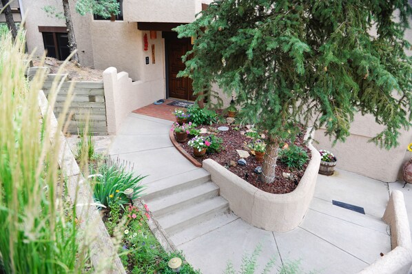 Un espace jardin agrémenté d’un bac à fleurs en pierre, d’un escalier menant à une porte et de diverses plantes.