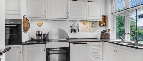 Fridge, stovetop, dishwasher, coffee/tea maker