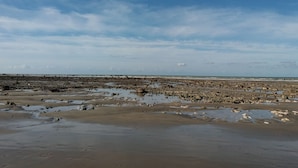 Ein felsiger Strand mit blauem Himmel.