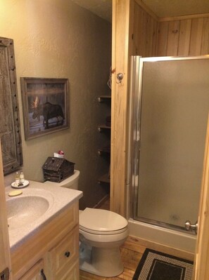 Combined shower/tub, hair dryer, towels, soap