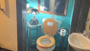 A bathroom with a toilet, sink, mirror, and a blue mat.