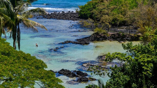 Un paysage côtier caractérisé par des eaux limpides, des affleurements rocheux et une végétation tropicale luxuriante.