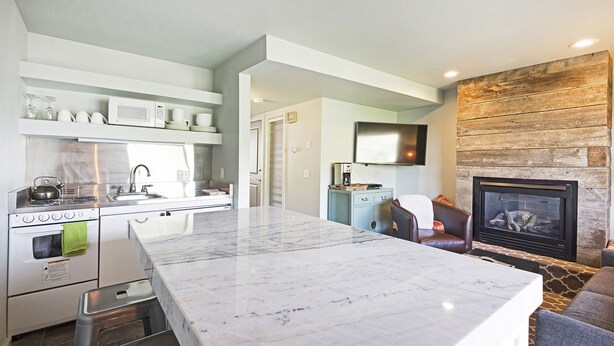 A modern kitchen with a marble island, built-in appliances, and a fireplace. - Acorn Chalet #2 - Walk to PC ski base! - 1BD (Park City)