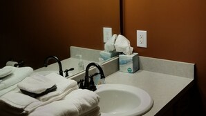 A bathroom with a white sink, a mirror, and three light fixtures above the mirror. There are towels stacked on the counter and a box of tissues. - NOTRE DAME (South Bend)