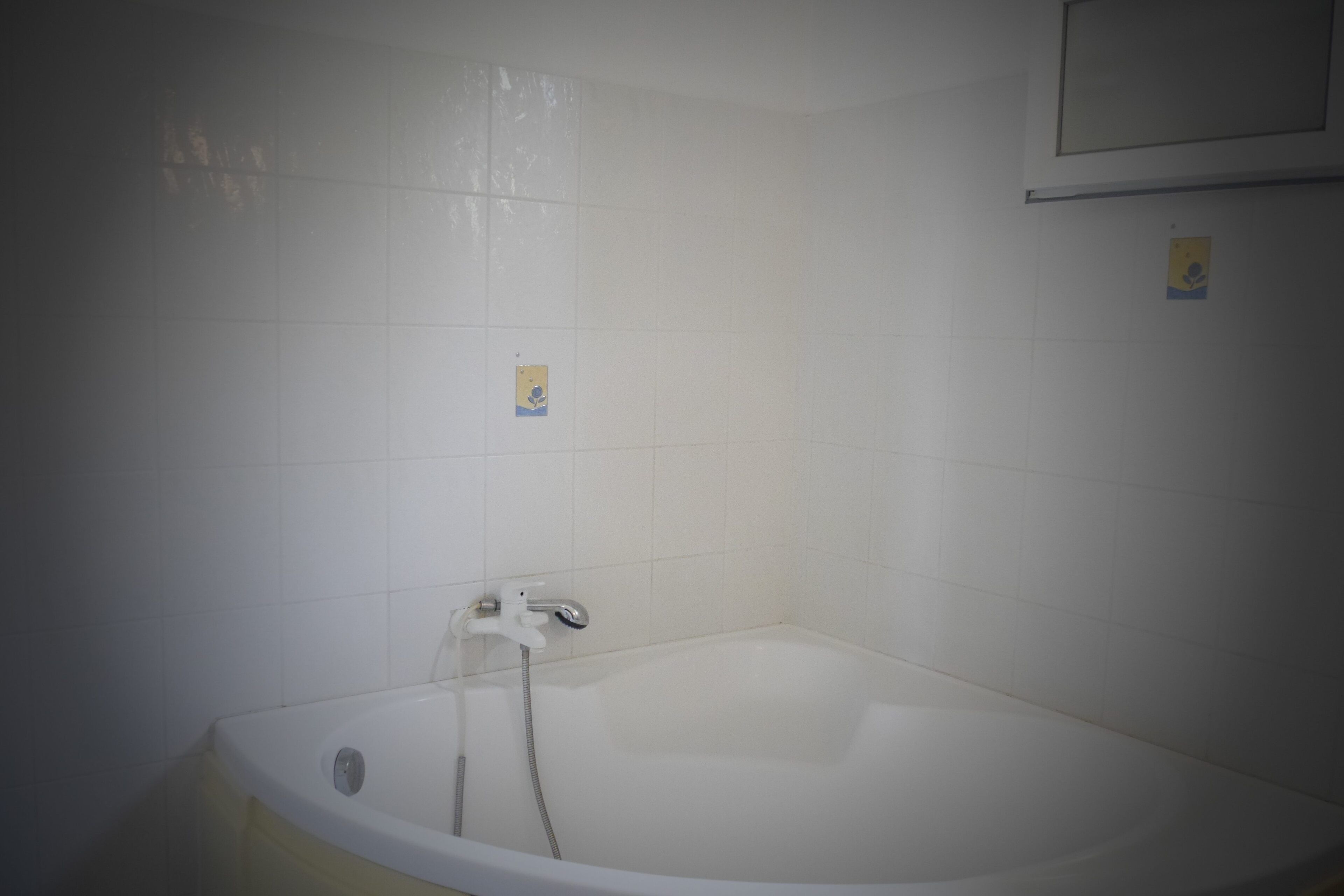 Een standaard wit bad met een handdouche, geplaatst tegen een effen betegelde muur.