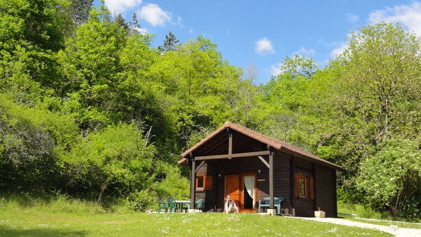 Eine rustikale Holzhütte mit Veranda, umgeben von üppigem Grün und Bäumen.
