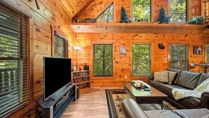 L’intérieur d’une cabane est doté d’un revêtement extérieur en bois, d’un téléviseur à écran plat, d’un canapé en cuir et d’une bibliothèque.