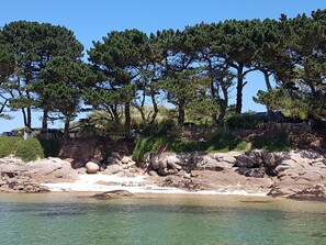 A rocky shoreline with clear water, a wooden fence, and dense trees. - In a "fisherman's house" spirit, between Finistère and the pink granite coast (Plouezoc'h)