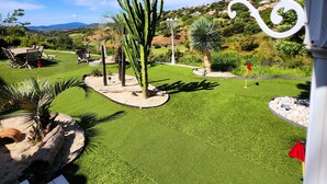 Un jardín bien cuidado con césped artificial, un cactus y una farola.