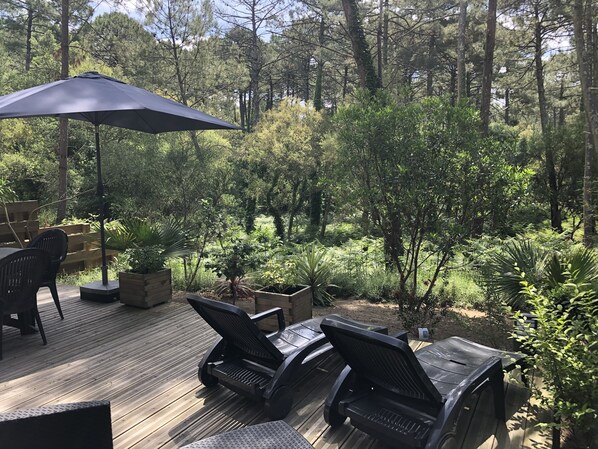 A deck with outdoor furniture and a large umbrella, surrounded by dense greenery and trees.