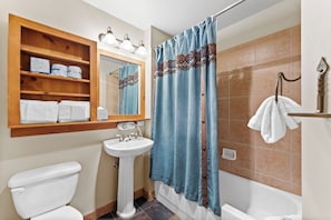Combined shower/tub, hair dryer, towels