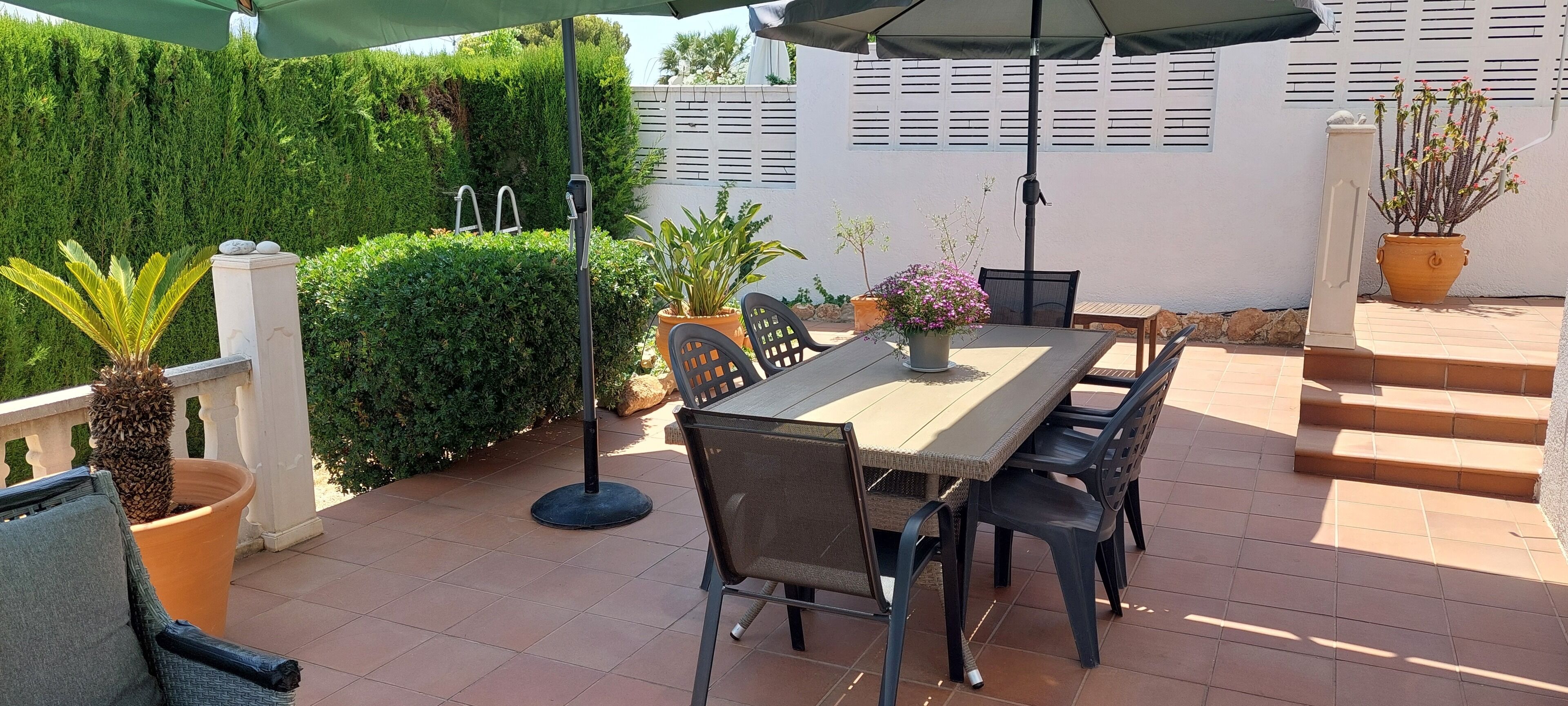 An outdoor patio with a table and chairs, surrounded by potted plants and a white wall.
