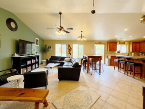 Smart TV, fireplace, DVD player, books