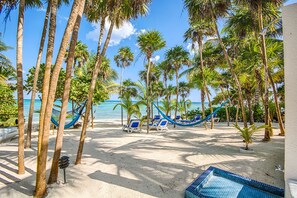 A beach with palm trees, a hammock, and a pool area.