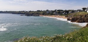 A coastal beach with houses on the hillside and a rocky shoreline.