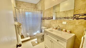 Shower, hair dryer, towels, soap